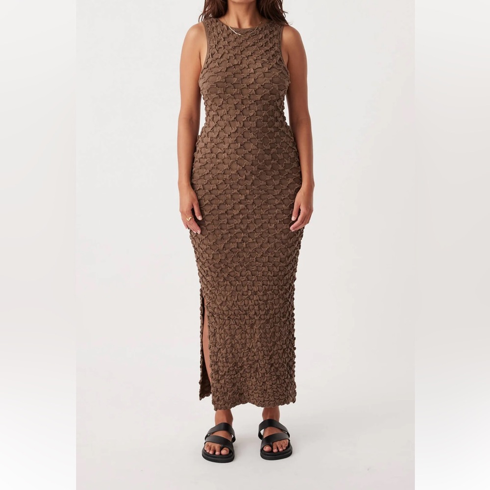 Brown Textured Maxi Dress - Sleeveless Knit